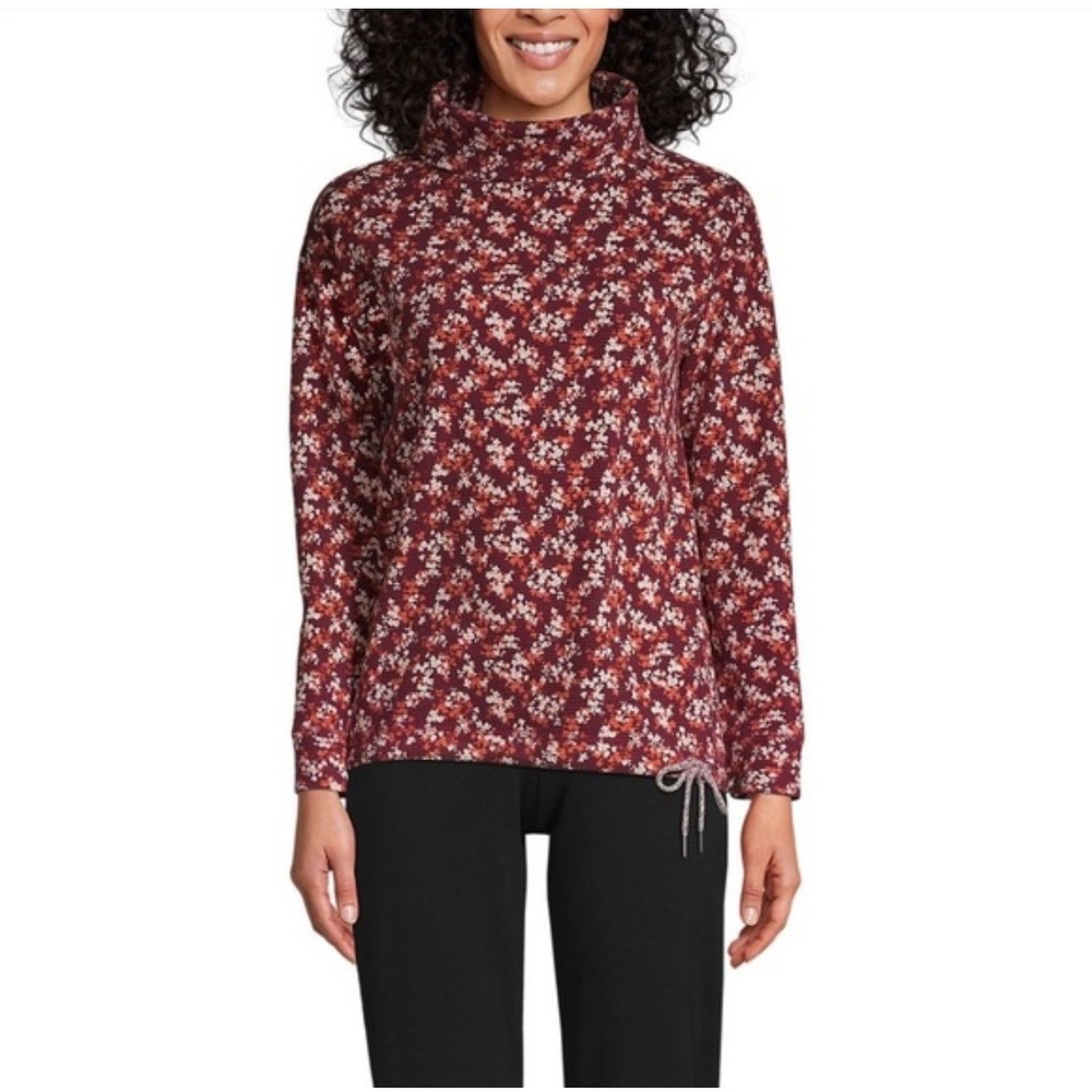 Lands End Women's Burgundy Floral Waffle Knit Funnel Neck Thermal Top Medium EUC